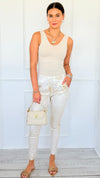 Shine-On Glistening Italian Joggers - White/Gold-180 Joggers-Italianissimo-Coastal Bloom Boutique, find the trendiest versions of the popular styles and looks Located in Indialantic, FL
