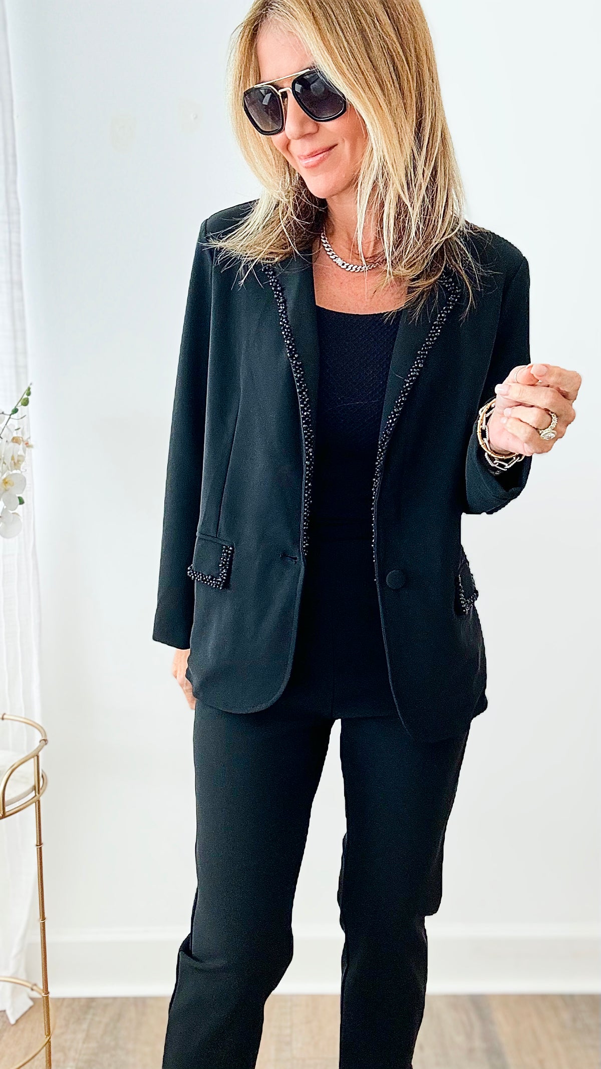 Rhinestone Trim Joan Blazer-160 Jackets-Joh Apparel-Coastal Bloom Boutique, find the trendiest versions of the popular styles and looks Located in Indialantic, FL