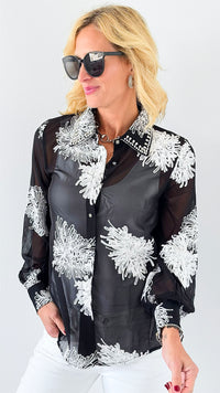 Midnight Garden Sheer Top-130 Long Sleeve Tops-L MASSIMO-Coastal Bloom Boutique, find the trendiest versions of the popular styles and looks Located in Indialantic, FL