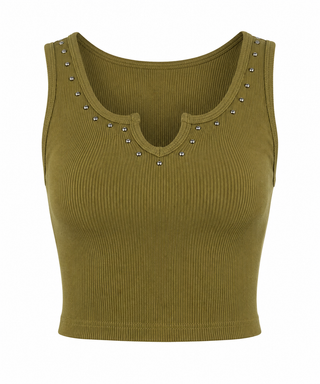 Studded Ribbed Crop Tank Top - Olive