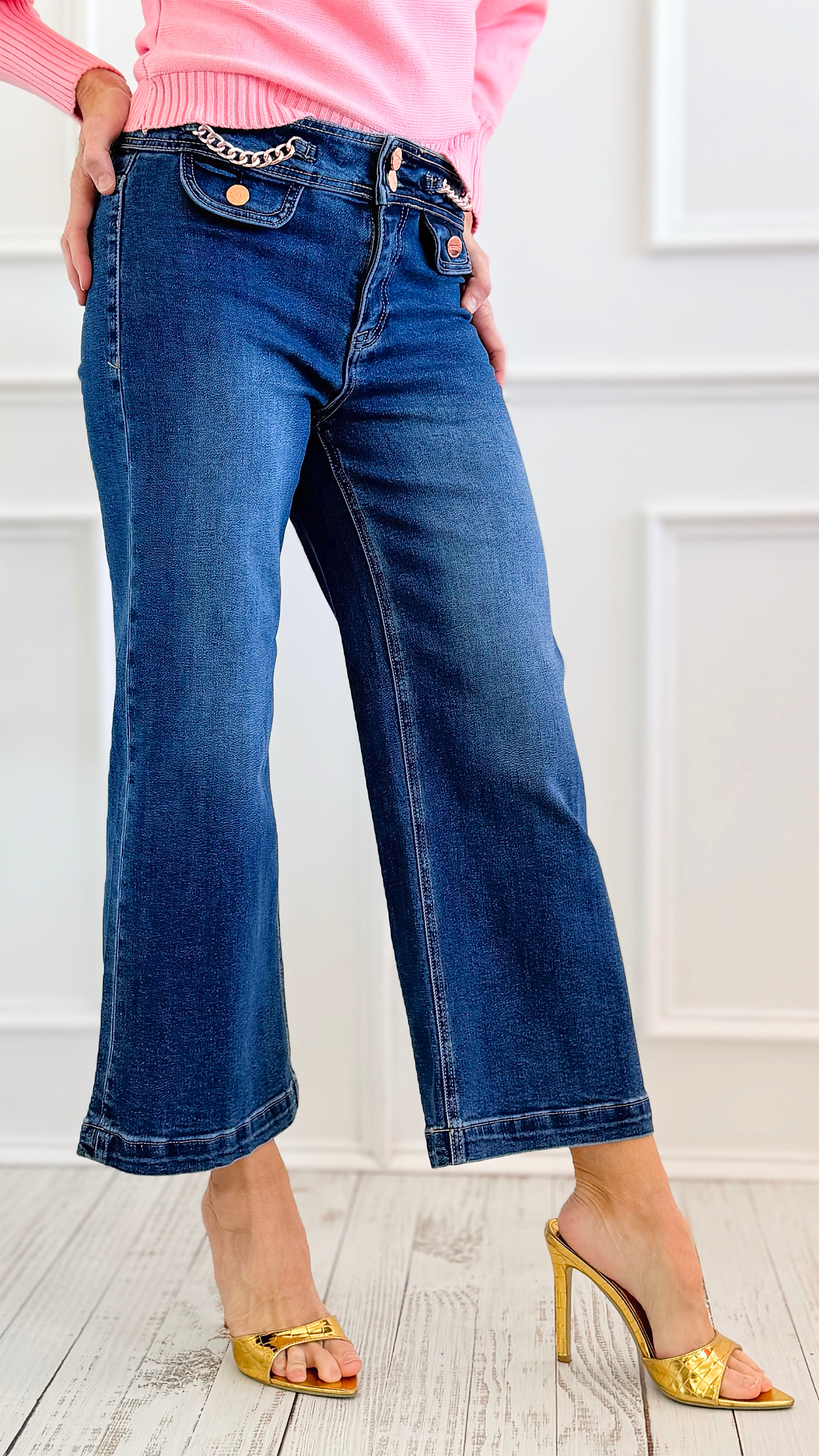 Chain Detail Cropped Jean-190 Denim-RISEN JEANS-Coastal Bloom Boutique, find the trendiest versions of the popular styles and looks Located in Indialantic, FL