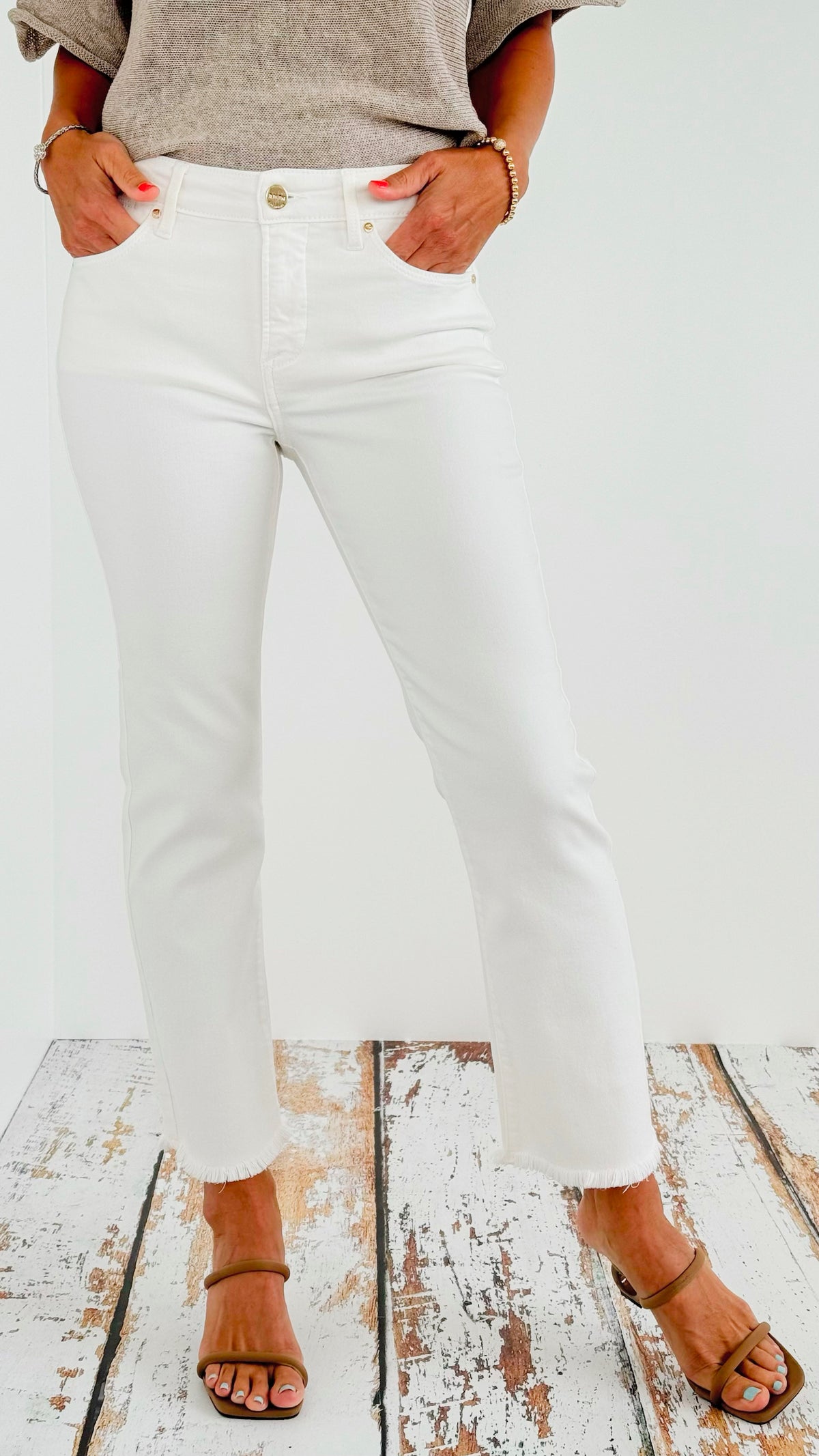 Mid-Rise Fray Hem Cropped Straight Jeans - White-190 Denim-Risen-Coastal Bloom Boutique, find the trendiest versions of the popular styles and looks Located in Indialantic, FL