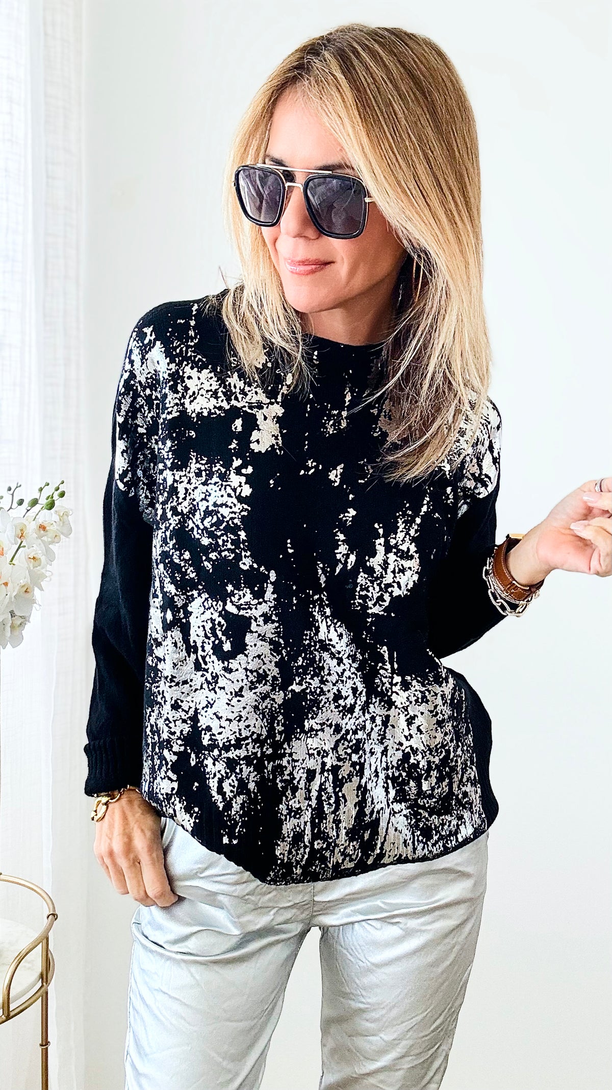 PRE ORDER Boatneck Italian Silver Foil Sweater-140 Sweaters-Look Mode-Coastal Bloom Boutique, find the trendiest versions of the popular styles and looks Located in Indialantic, FL