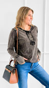 Sunday Stroll Mineral Wash Henley Top - Ash Black-110 Long Sleeve Tops-Zenana-Coastal Bloom Boutique, find the trendiest versions of the popular styles and looks Located in Indialantic, FL