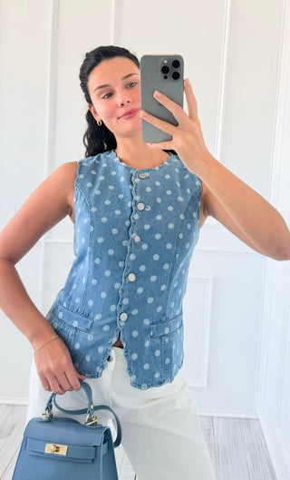 Polka Dot Scalloped Denim Top