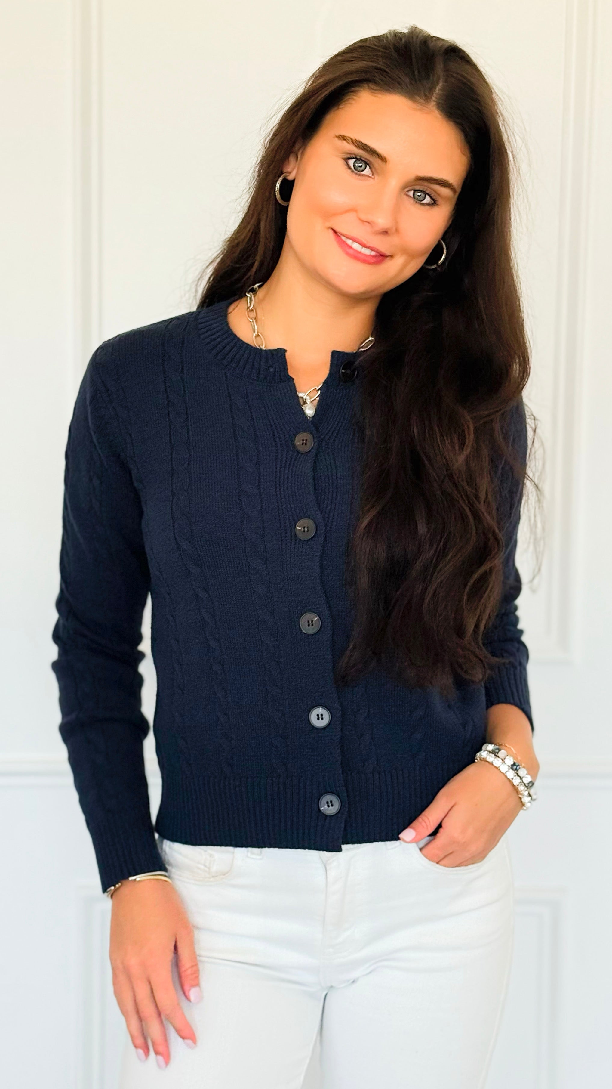 Crimson Gallop Cable Cardigan-Navy-150 Cardigan Layers-Blu Pepper-Coastal Bloom Boutique, find the trendiest versions of the popular styles and looks Located in Indialantic, FL