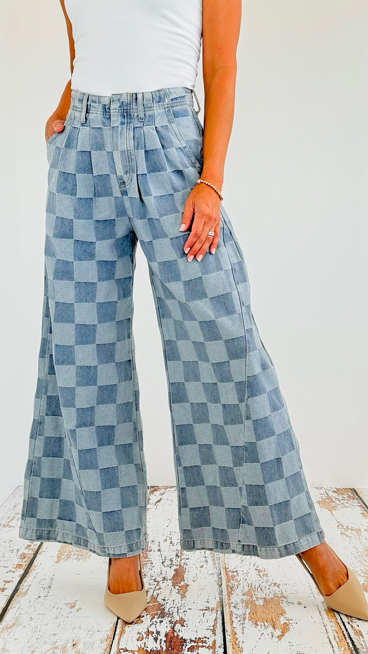 Checkered Washed Wide Denim Pants-170 Bottoms-BIBI-Coastal Bloom Boutique, find the trendiest versions of the popular styles and looks Located in Indialantic, FL