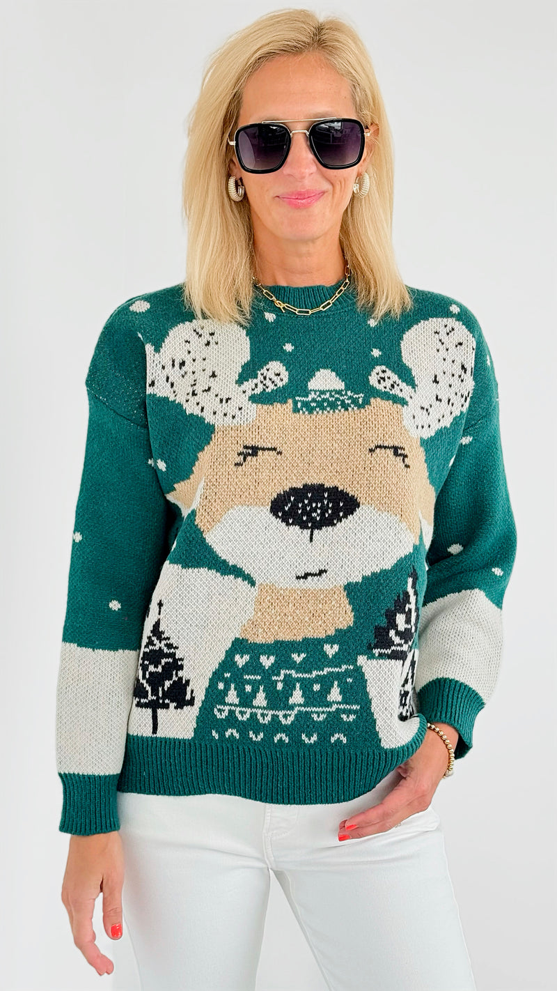 Rudolph Printed Sweater - Green-140 Sweaters-On Blue-Coastal Bloom Boutique, find the trendiest versions of the popular styles and looks Located in Indialantic, FL