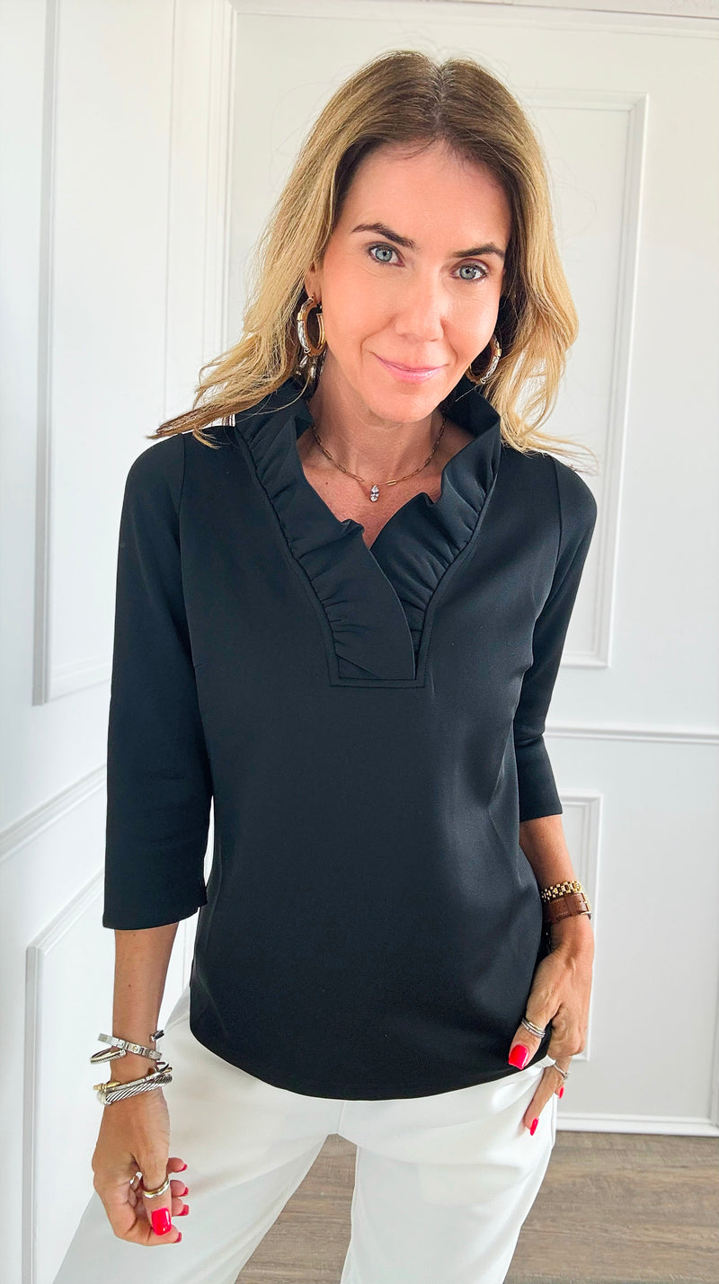 Pre Order 3/4 Sleeves Ruffled Neck Blouse - Black-130 Long Sleeve Tops-Gretchen Scott-Coastal Bloom Boutique, find the trendiest versions of the popular styles and looks Located in Indialantic, FL