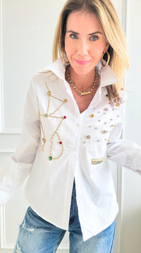 Rhinestone Poplin Blouse-130 Long Sleeve Tops-OOPS!-Coastal Bloom Boutique, find the trendiest versions of the popular styles and looks Located in Indialantic, FL