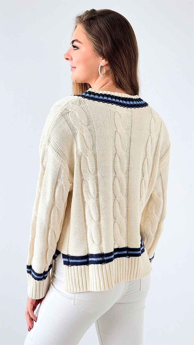 Varsity Charm Knit Sweater-140 Sweaters-SUGARLIPS-Coastal Bloom Boutique, find the trendiest versions of the popular styles and looks Located in Indialantic, FL