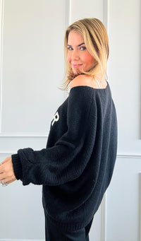 Amour Toujours V-Neck Italian Knit Sweater- Black-140 Sweaters-Italianissimo-Coastal Bloom Boutique, find the trendiest versions of the popular styles and looks Located in Indialantic, FL