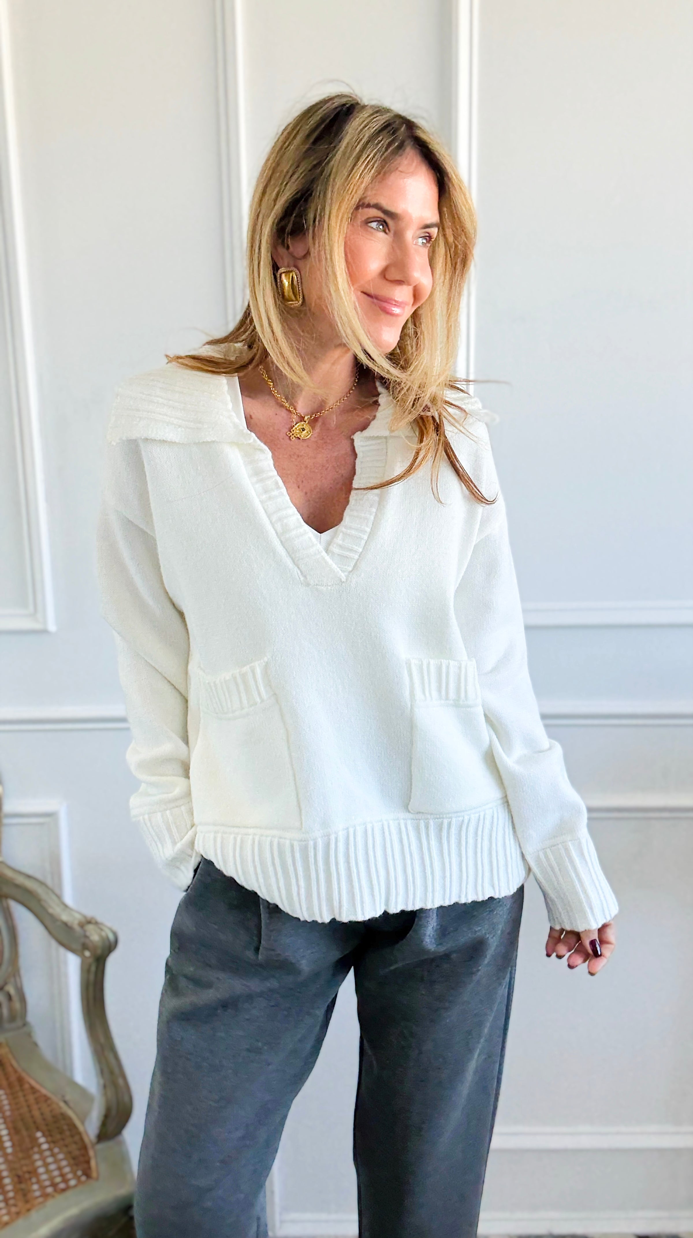 Fifth Avenue Flap Collar Pocket Sweater