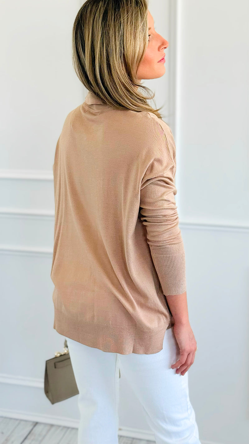 Polished Collar Knit Polo Top - Taupe-130 Long Sleeve Tops-ROUSSEAU-Coastal Bloom Boutique, find the trendiest versions of the popular styles and looks Located in Indialantic, FL