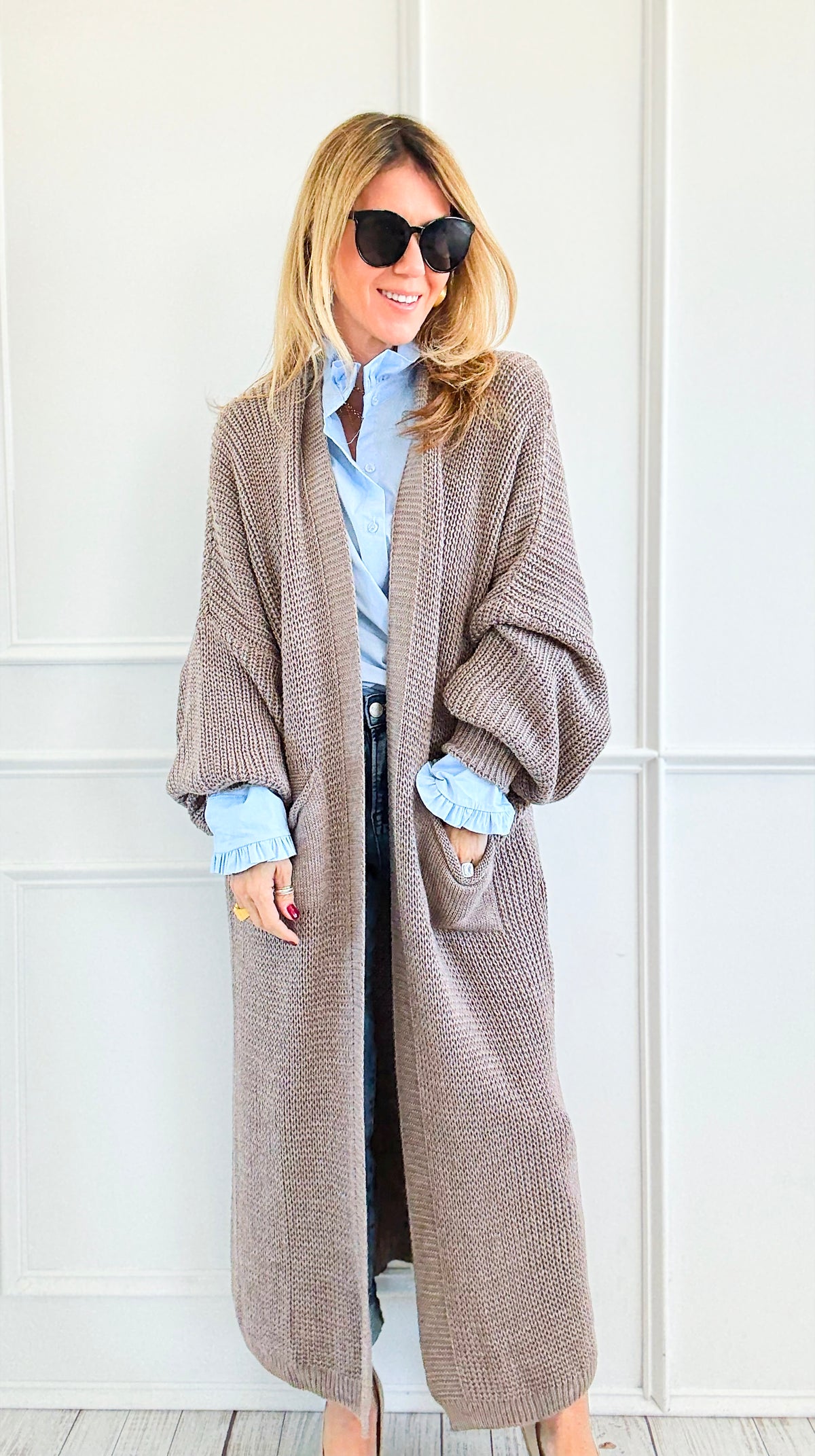 Sugar High Long Italian Cardigan - Mocha-150 Cardigans/Layers-Italianissimo-Coastal Bloom Boutique, find the trendiest versions of the popular styles and looks Located in Indialantic, FL