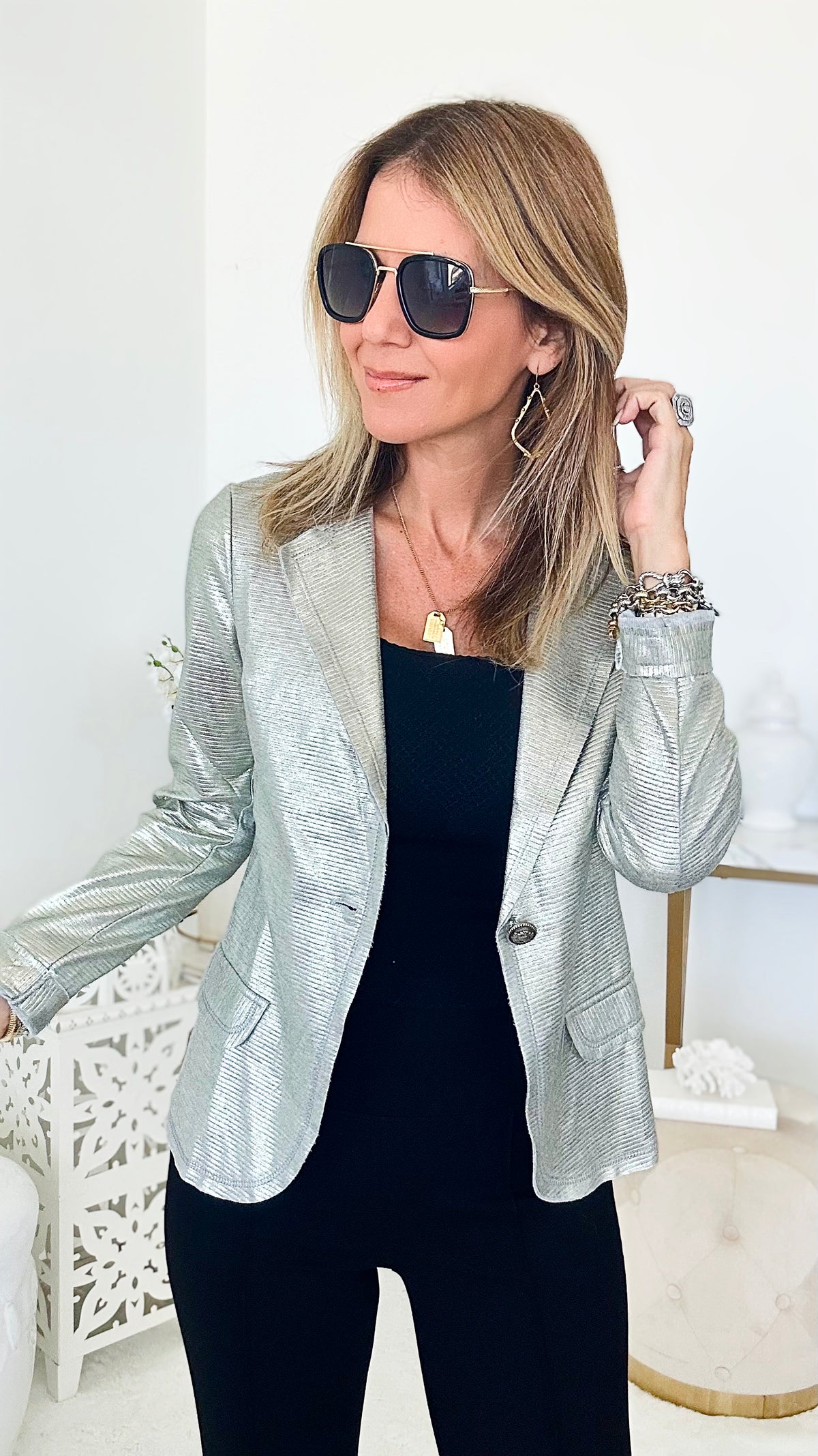 Metallic Embossed Stripe Italian Blazer-150 Cardigans/Layers-Venti6 Outlet-Coastal Bloom Boutique, find the trendiest versions of the popular styles and looks Located in Indialantic, FL