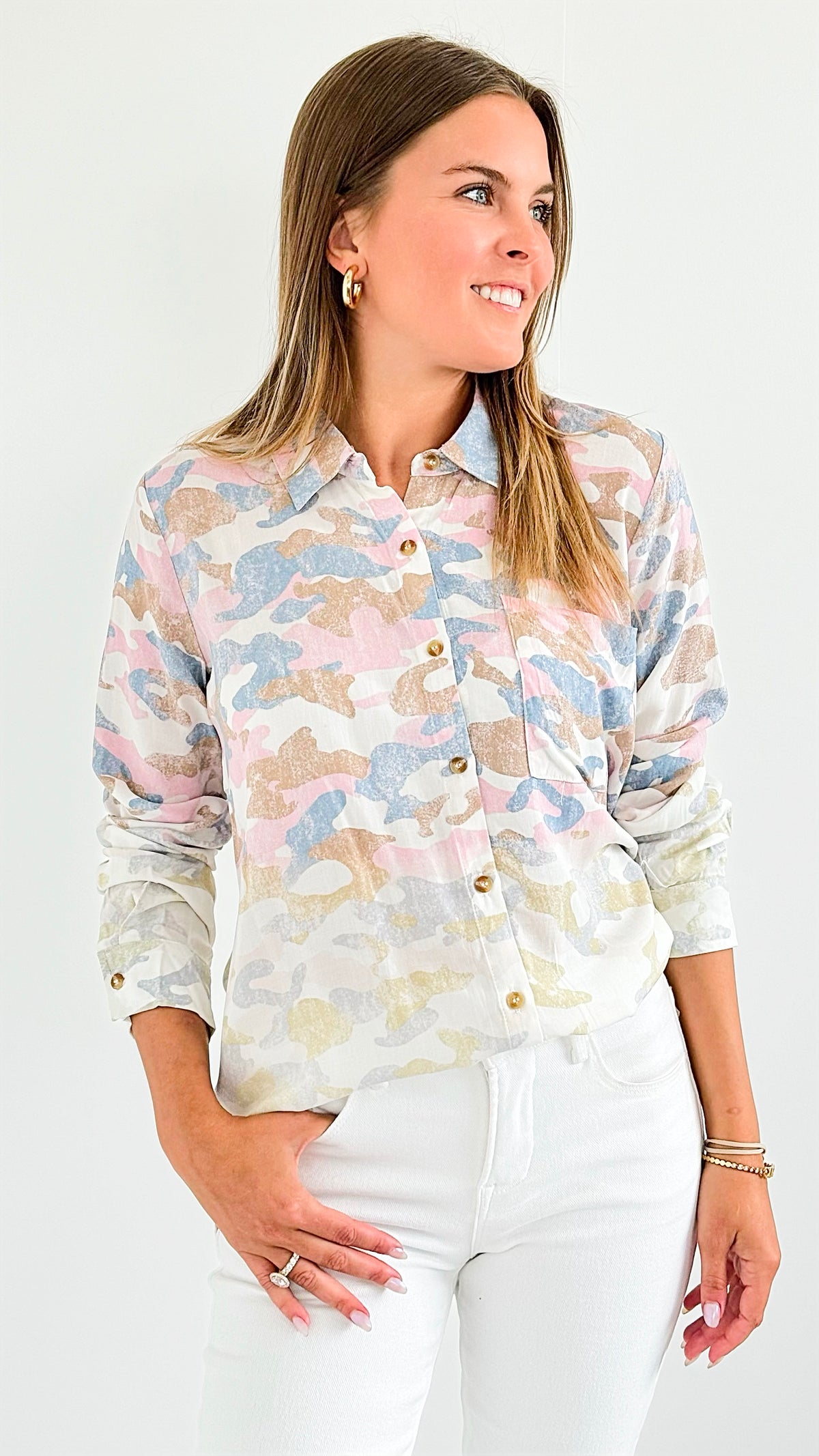 Pastel Mirage Button Down Top-130 Long Sleeve Tops-mystree-Coastal Bloom Boutique, find the trendiest versions of the popular styles and looks Located in Indialantic, FL