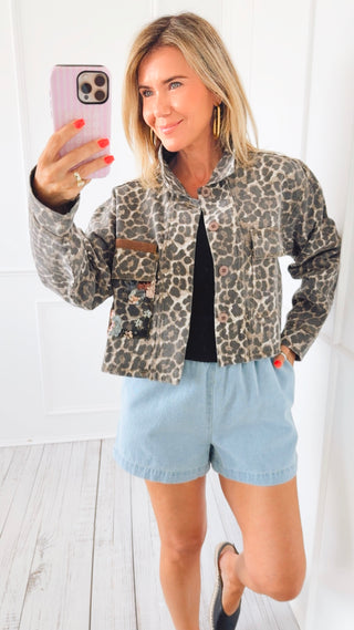 Leopard Floral Contrast Denim Jacket