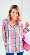 Checked-In Italian Woven Top-Pink-110 Long Sleeve Tops-TATTOO Z-Coastal Bloom Boutique, find the trendiest versions of the popular styles and looks Located in Indialantic, FL