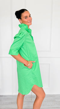 Callie Ruffle Puff Sleeve Jacquard Shirt Dress-Green Apple-200 Dresses/Jumpsuits/Rompers-Adrienne-Coastal Bloom Boutique, find the trendiest versions of the popular styles and looks Located in Indialantic, FL
