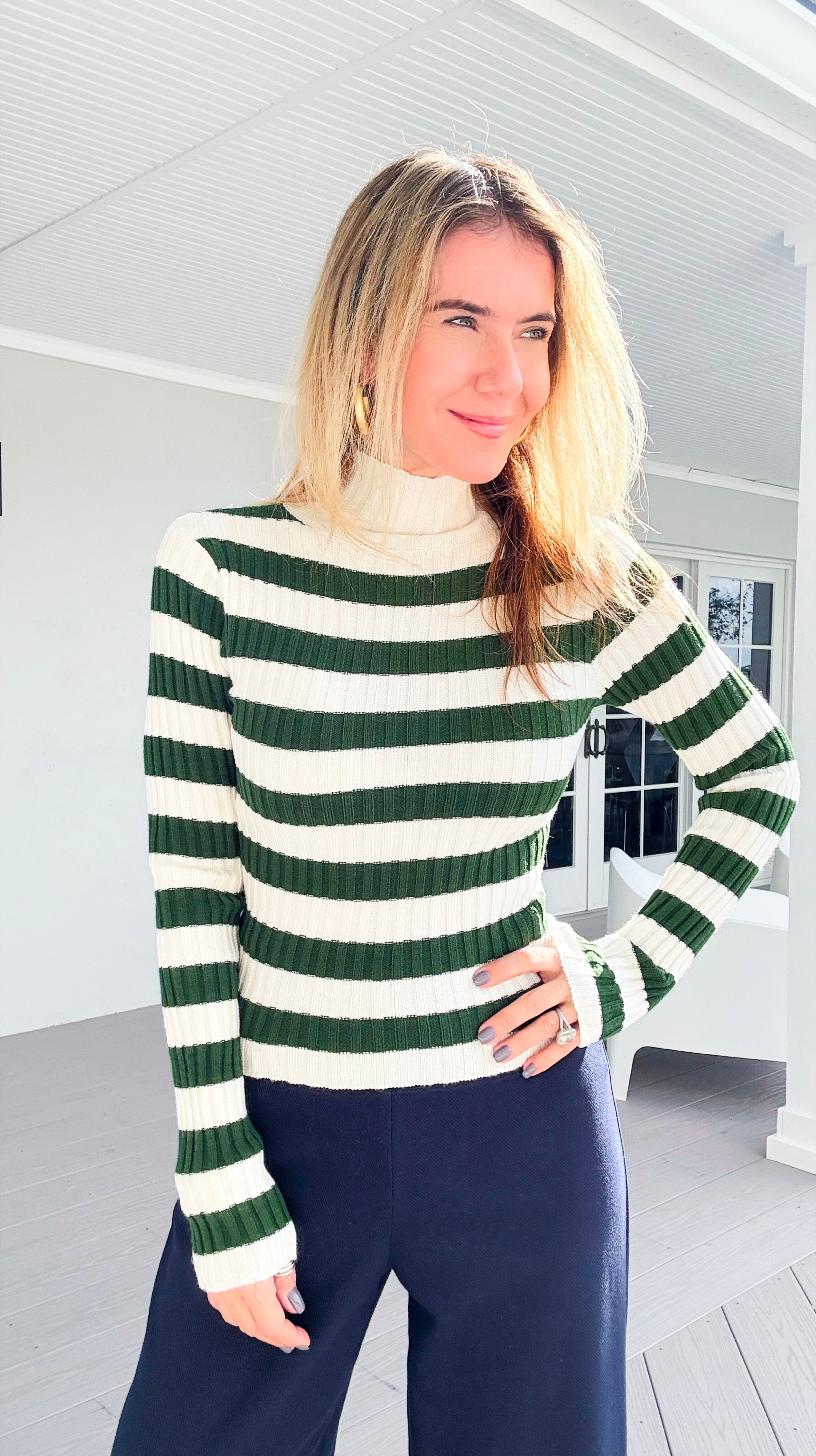 Long Sleeve Ribbed Stripe Sweater - Ivory/Green-140 Sweaters-Active Basic-Coastal Bloom Boutique, find the trendiest versions of the popular styles and looks Located in Indialantic, FL