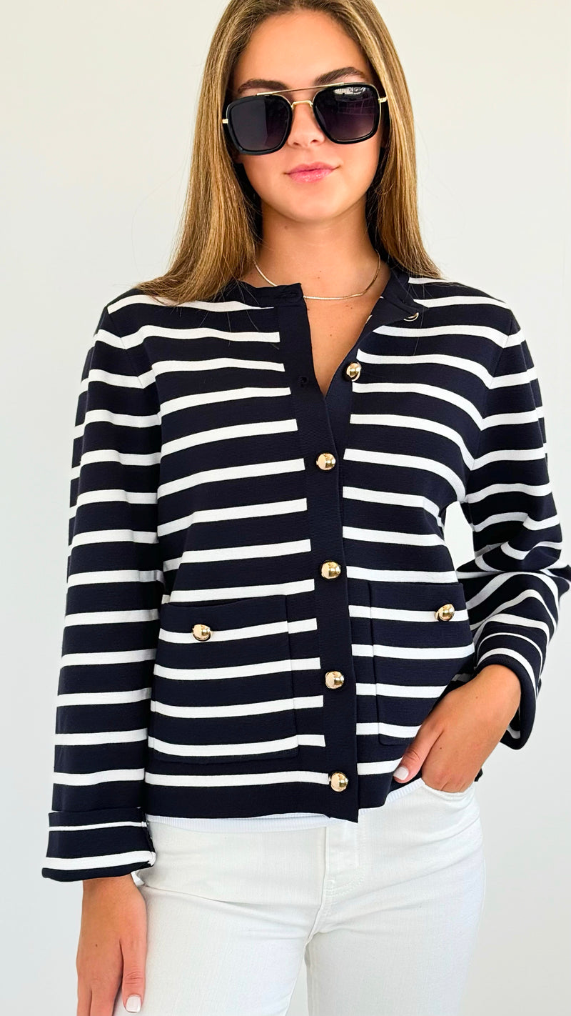 Striped Gold Button Cardigan-150 Cardigans/Layers-See and Be Seen-Coastal Bloom Boutique, find the trendiest versions of the popular styles and looks Located in Indialantic, FL