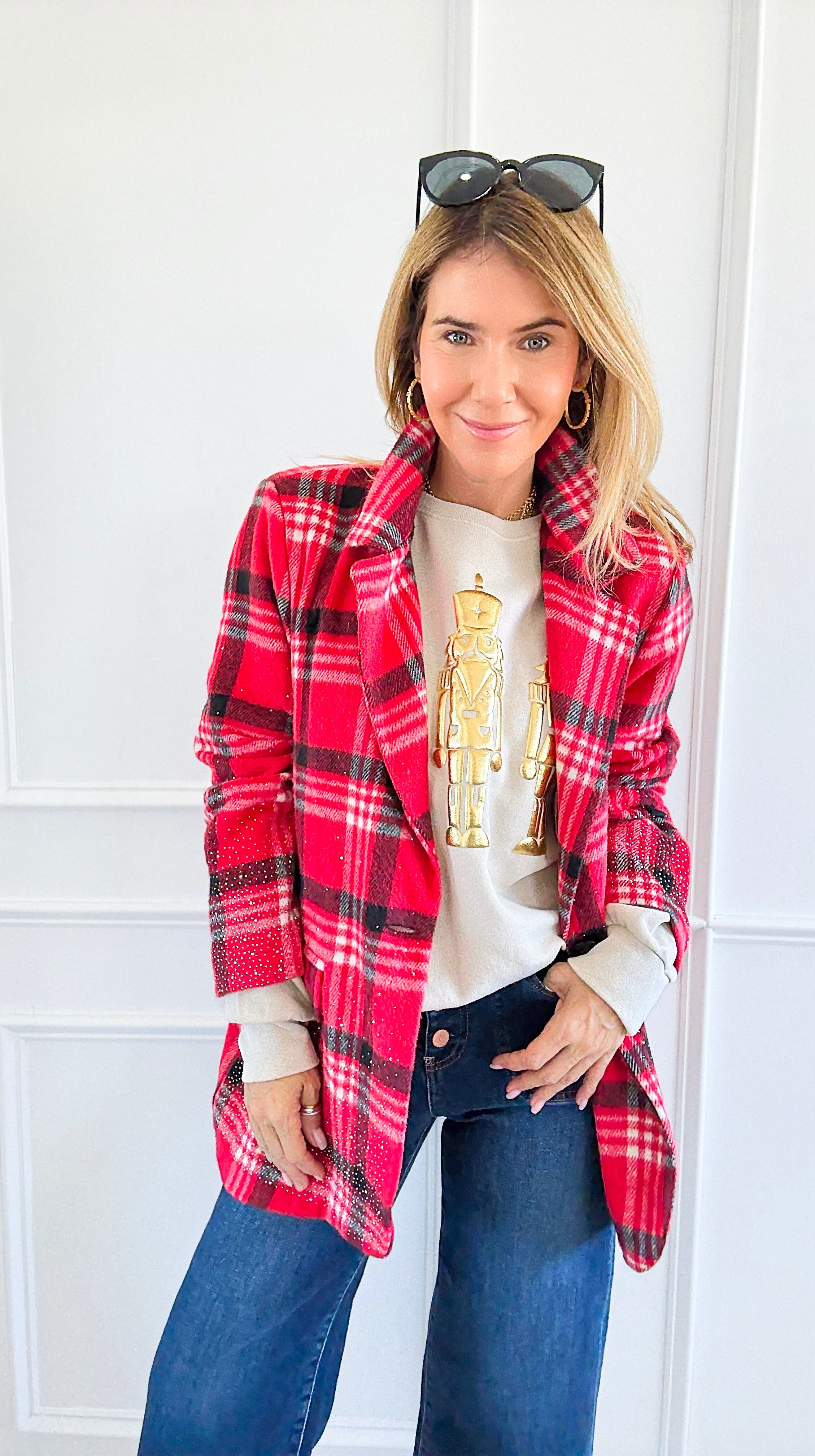 Glittering Plaid Italian Blazer-160 Jackets-TATTOO Z-Coastal Bloom Boutique, find the trendiest versions of the popular styles and looks Located in Indialantic, FL