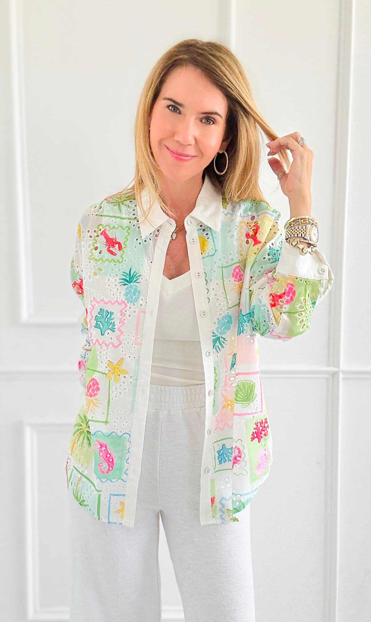 Seashell Souvenir Button Down Top-110 Long Sleeve Tops-Taelynn-Coastal Bloom Boutique, find the trendiest versions of the popular styles and looks Located in Indialantic, FL