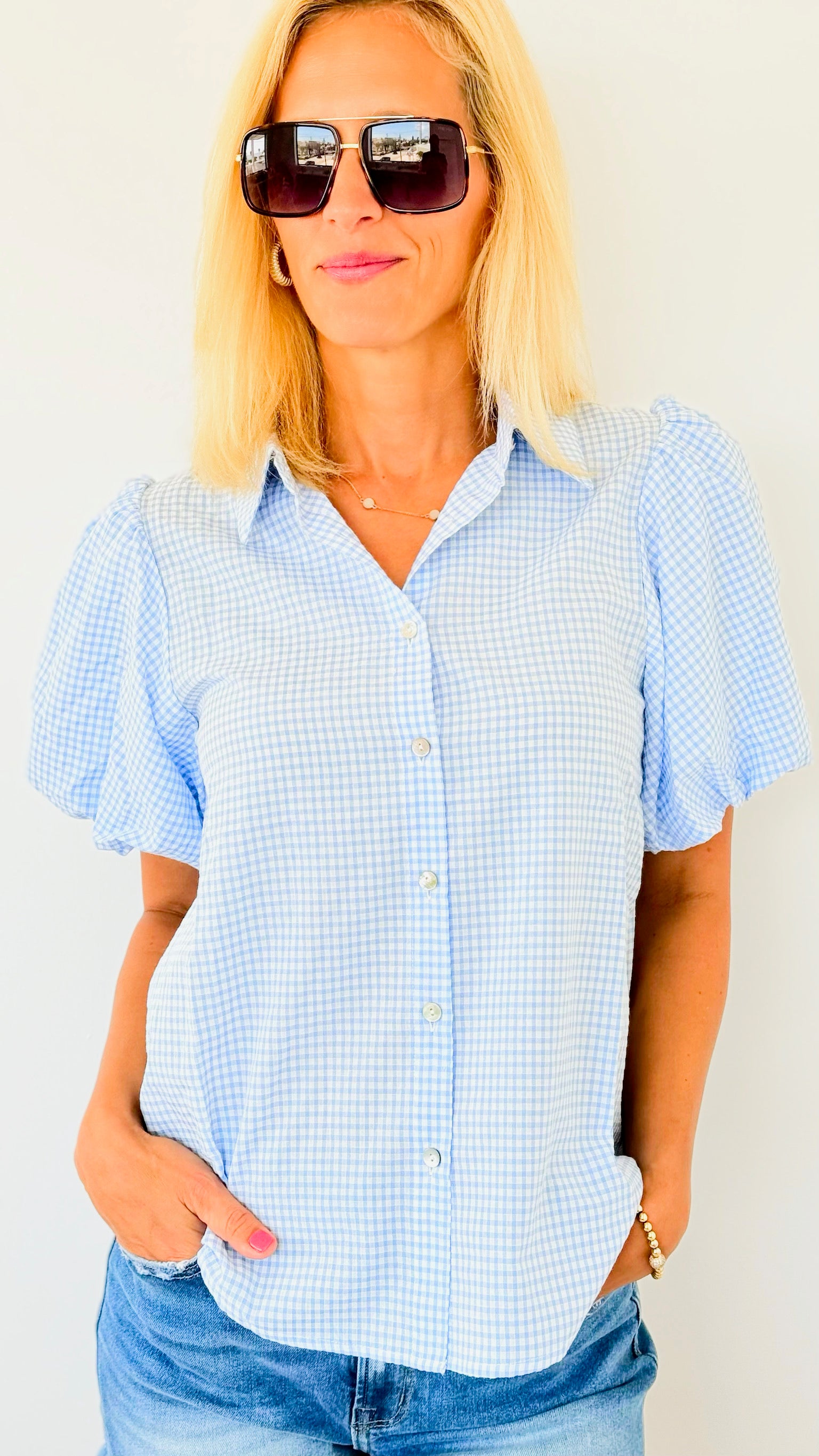 Gingham Short Sleeves Top-110 Short Sleeve Tops-Jodifl-Coastal Bloom Boutique, find the trendiest versions of the popular styles and looks Located in Indialantic, FL