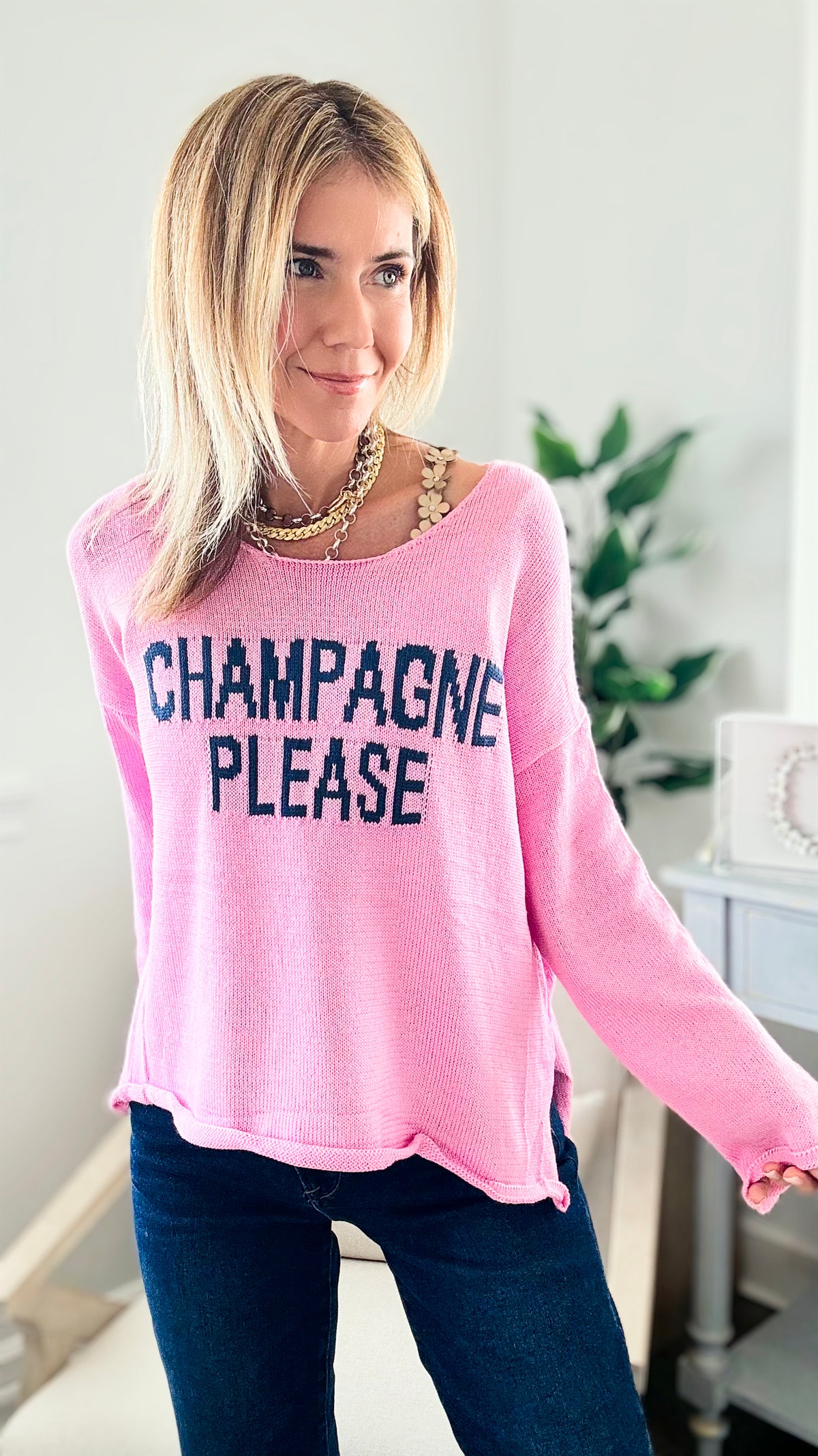 "Champagne Please" Knit Lightweight Sweater - Cherry Pink-140 Sweaters-Miracle-Coastal Bloom Boutique, find the trendiest versions of the popular styles and looks Located in Indialantic, FL