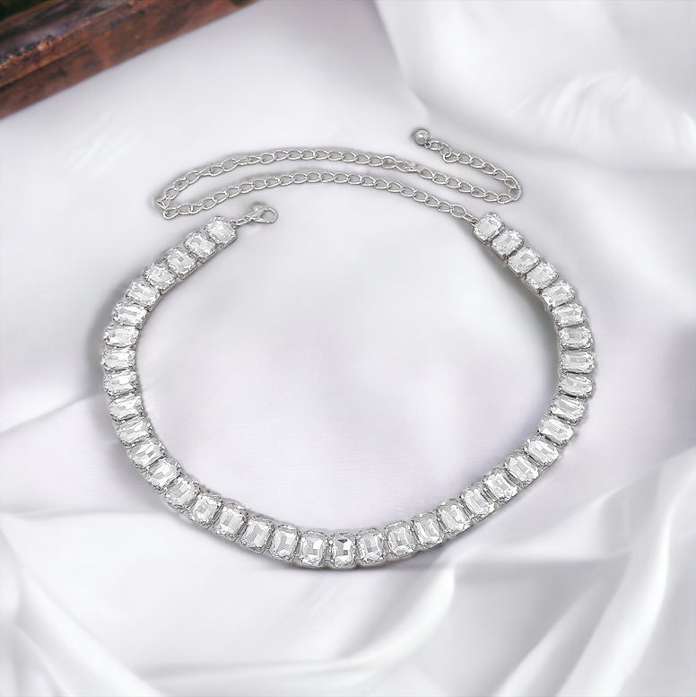 Emerald Cut Embellished Accent Belt - Rhodium Clear-260 Other Accessories-US Jewelry House-Coastal Bloom Boutique, find the trendiest versions of the popular styles and looks Located in Indialantic, FL