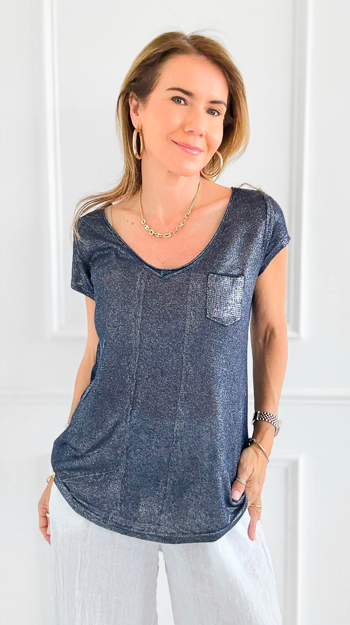 Pretty Back Lace Italian Top- Navy-110 Short Sleeve Tops-SEÑORITA C-Coastal Bloom Boutique, find the trendiest versions of the popular styles and looks Located in Indialantic, FL