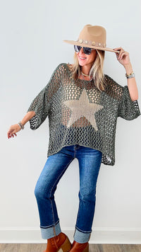 Metallic Star Italian Chain Sweater - Army Green/Gold-140 Sweaters-Germany-Coastal Bloom Boutique, find the trendiest versions of the popular styles and looks Located in Indialantic, FL