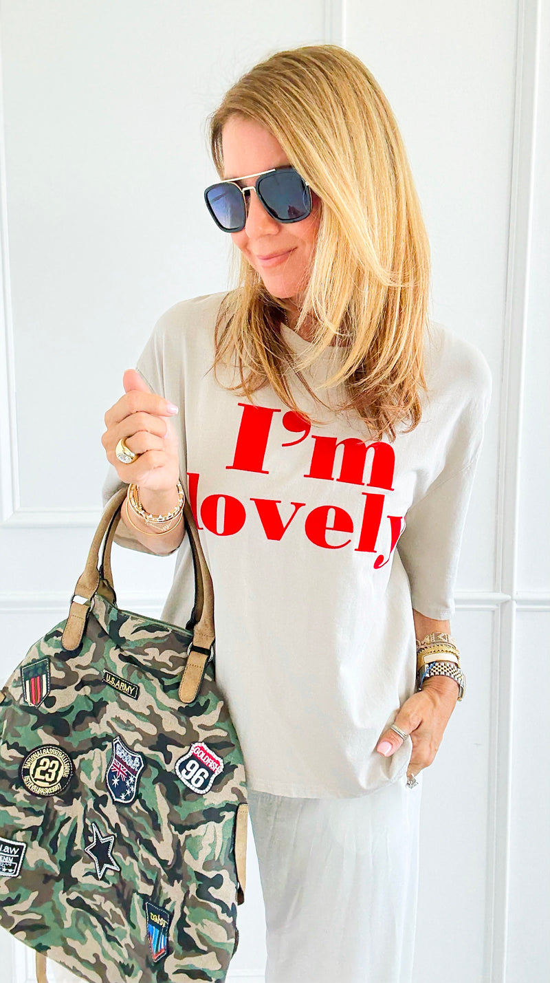 I'm Lovely Italian tee- Beige-110 short Sleeve Top-V SKY-Coastal Bloom Boutique, find the trendiest versions of the popular styles and looks Located in Indialantic, FL