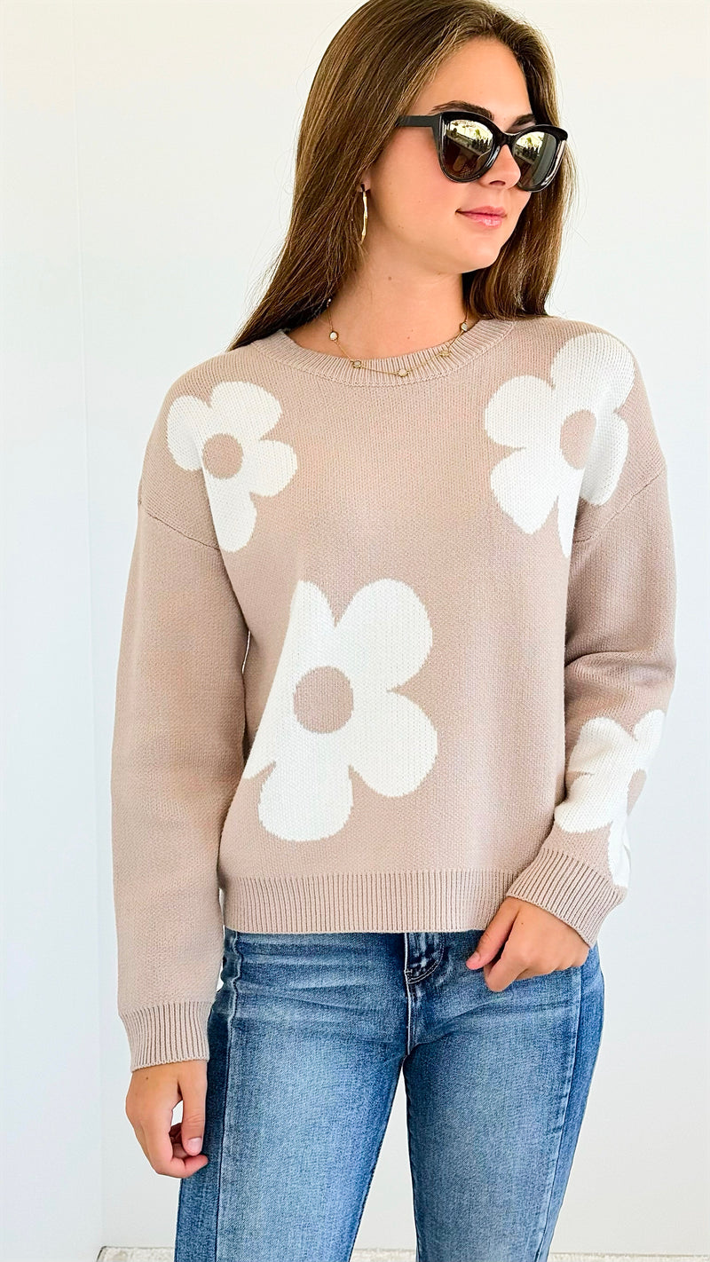 Flower Print Drop Sleeve Sweater - Beige-140 Sweaters-Miracle-Coastal Bloom Boutique, find the trendiest versions of the popular styles and looks Located in Indialantic, FL