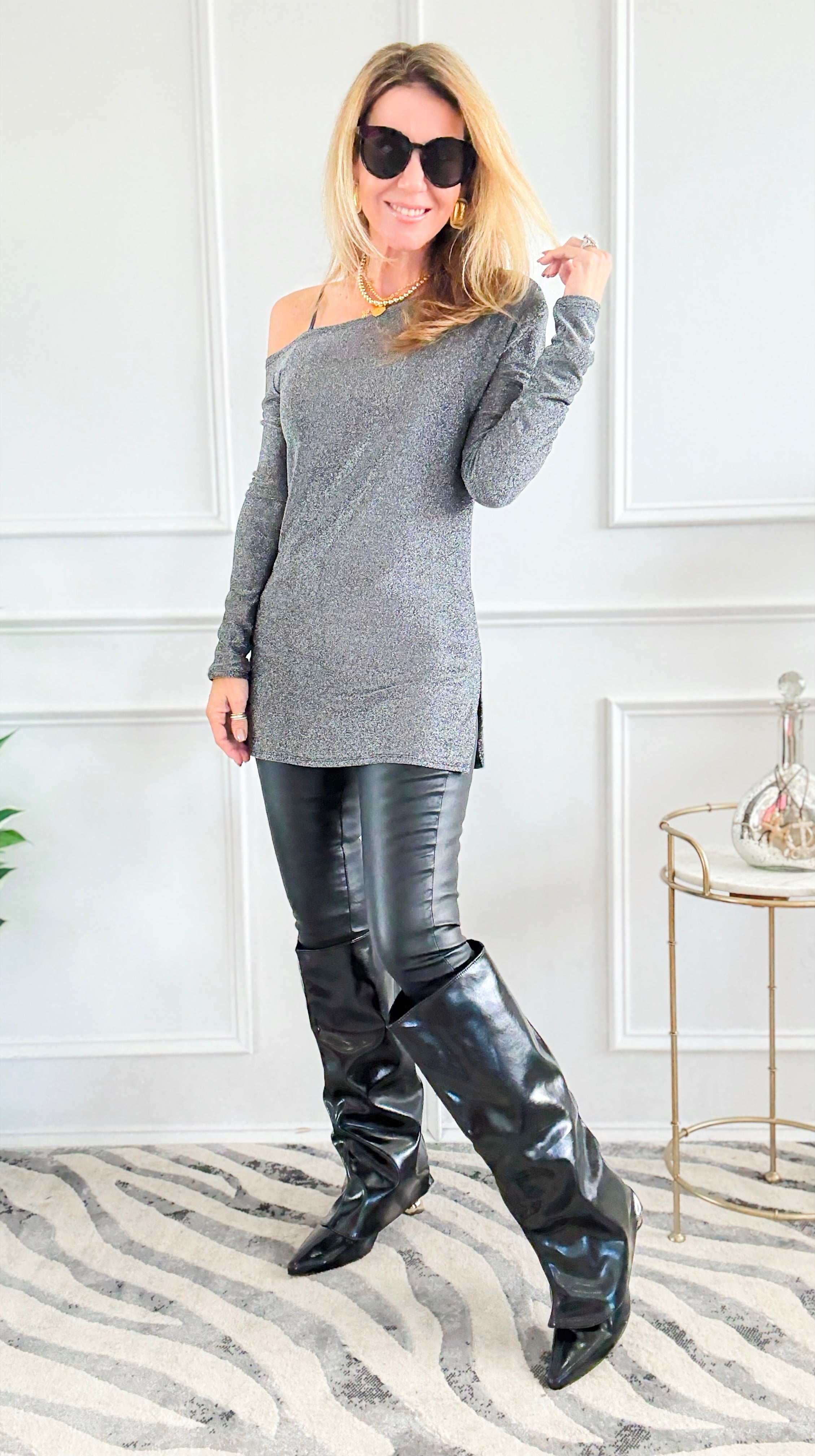 Midnight Shimmer One-Shoulder Top-130 Long Sleeve Tops-a.gain-Coastal Bloom Boutique, find the trendiest versions of the popular styles and looks Located in Indialantic, FL