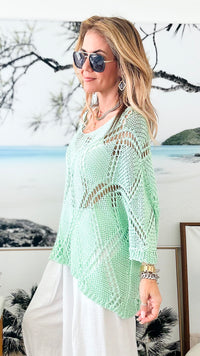 Diamond Crochet Italian Pullover - Mint-140 Sweaters-Italianissimo-Coastal Bloom Boutique, find the trendiest versions of the popular styles and looks Located in Indialantic, FL
