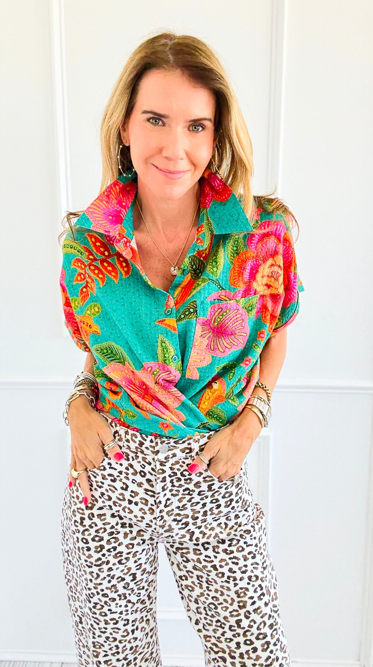 Island Blooms Button Down Top-110 Short Sleeve Tops-en creme-Coastal Bloom Boutique, find the trendiest versions of the popular styles and looks Located in Indialantic, FL
