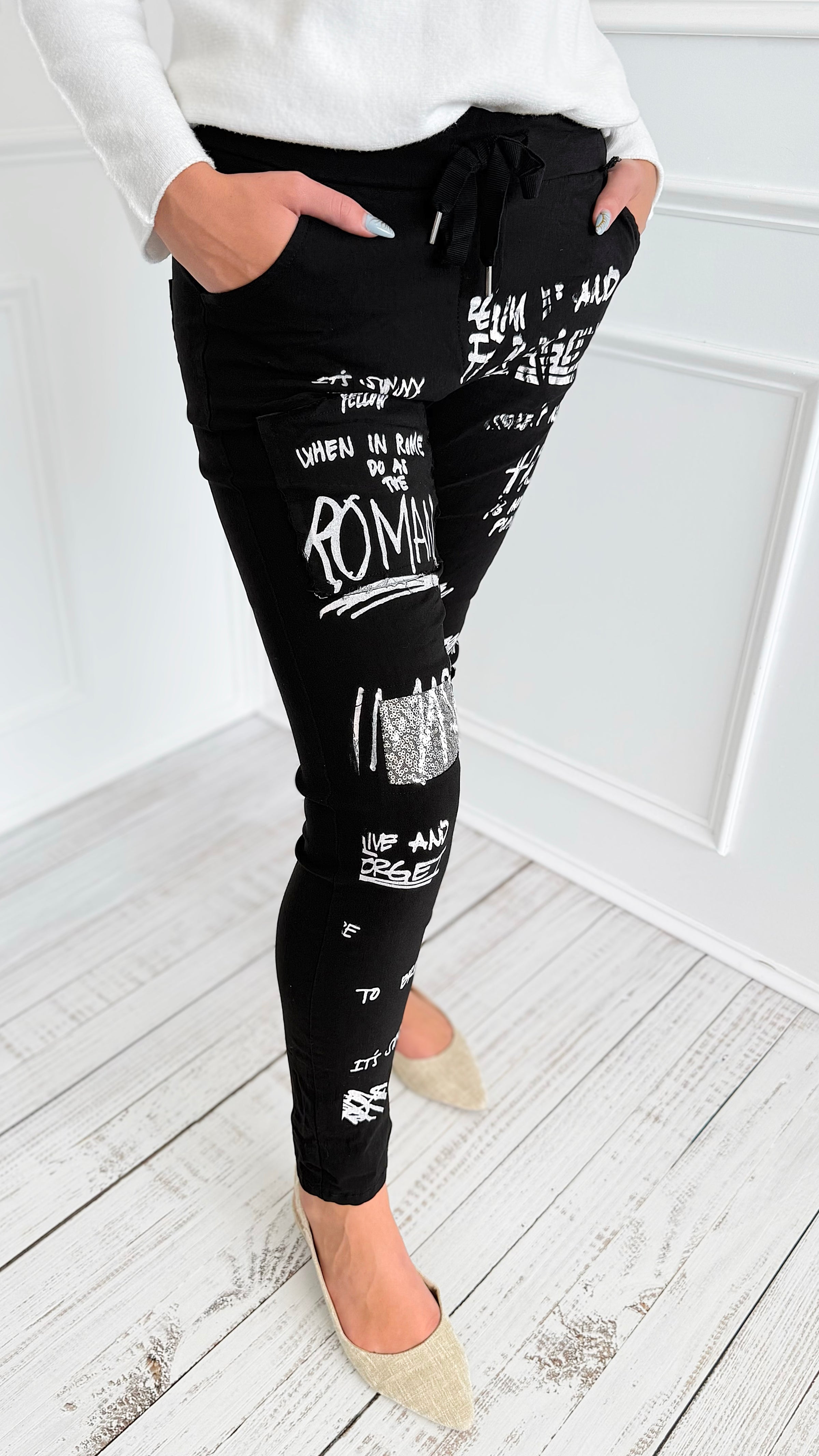 Urban Edge Graphic Italian Jogger- Black-180 Joggers-SUNNY HOLIDAYS-Coastal Bloom Boutique, find the trendiest versions of the popular styles and looks Located in Indialantic, FL