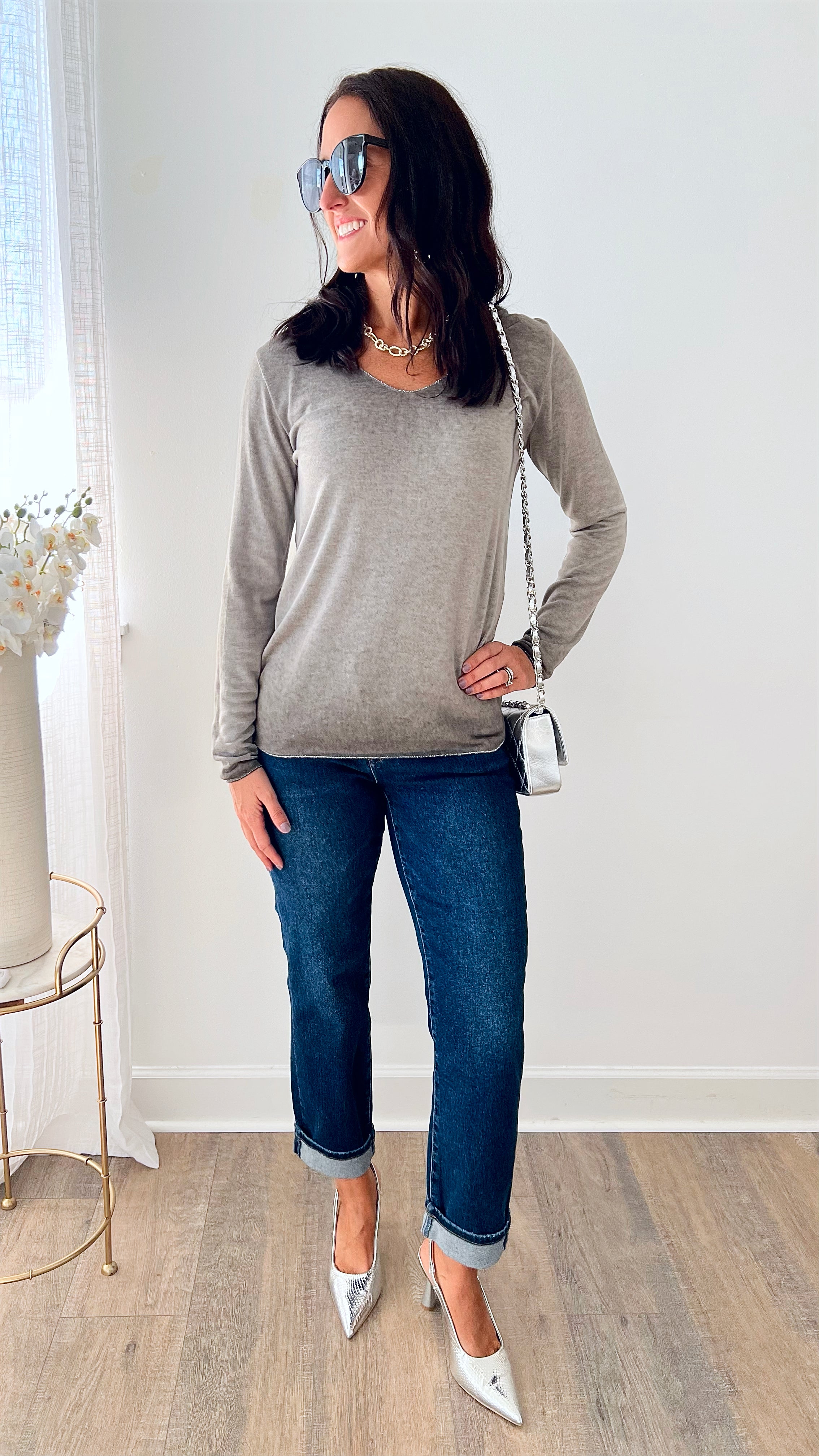 Recoleta Lurex Trim Italian Top - Gray-130 Long Sleeve Tops-Germany-Coastal Bloom Boutique, find the trendiest versions of the popular styles and looks Located in Indialantic, FL