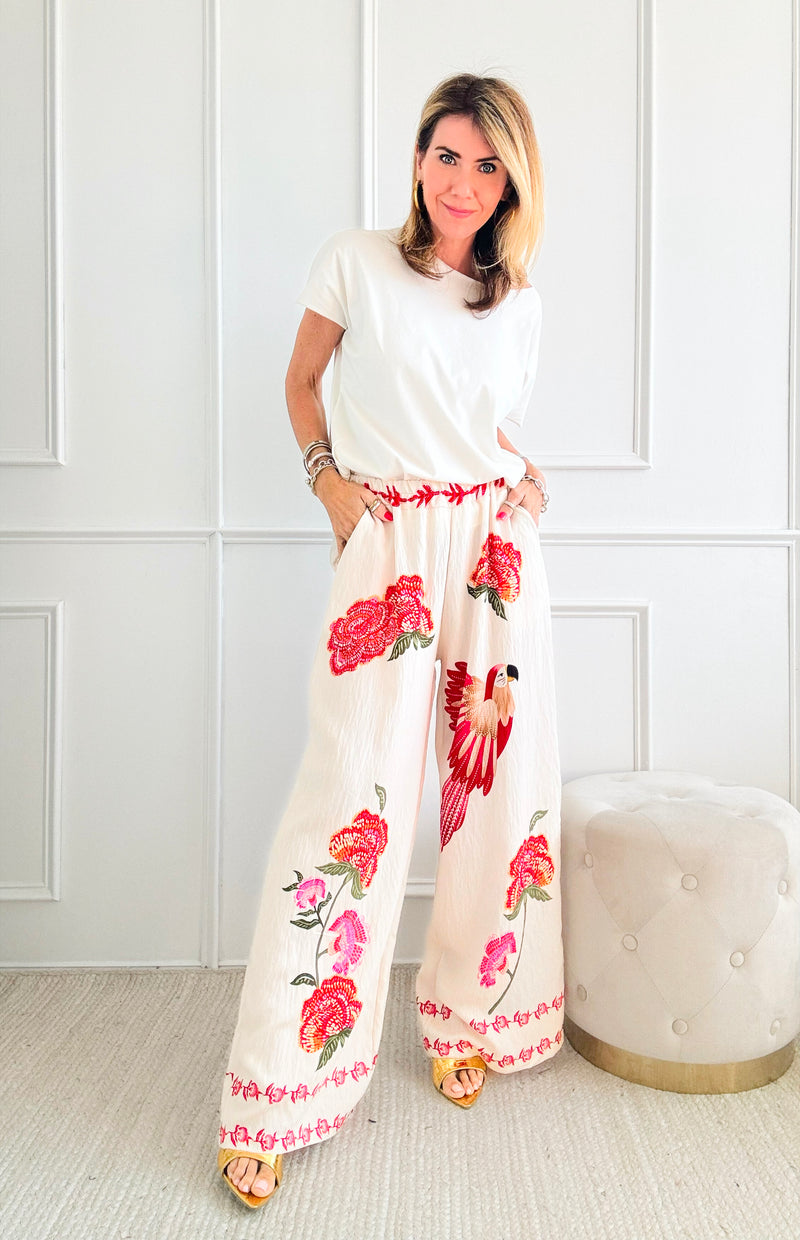 Feathered Flora Italian Pant - Camel/Red-170 Bottoms-Italianissimo-Coastal Bloom Boutique, find the trendiest versions of the popular styles and looks Located in Indialantic, FL