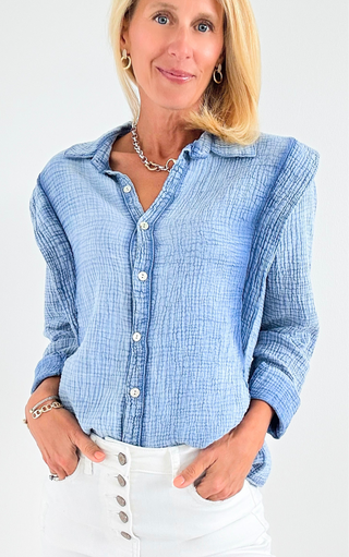 Cloud Comfort Button Down Top - Denim Blue
