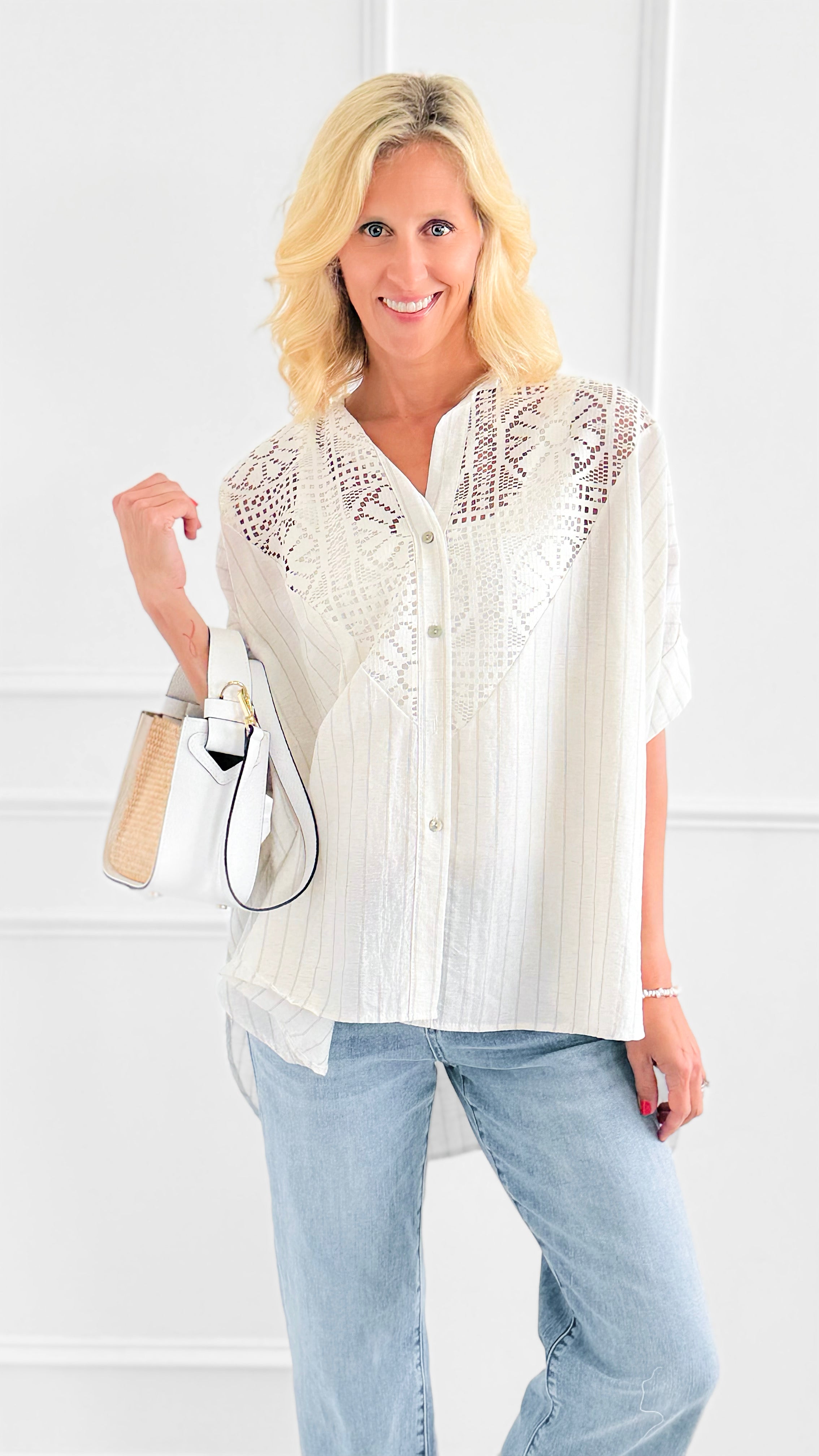 Lace & Stripe Italian Button Top-110 short Sleeve Top-TATTOO Z-Coastal Bloom Boutique, find the trendiest versions of the popular styles and looks Located in Indialantic, FL