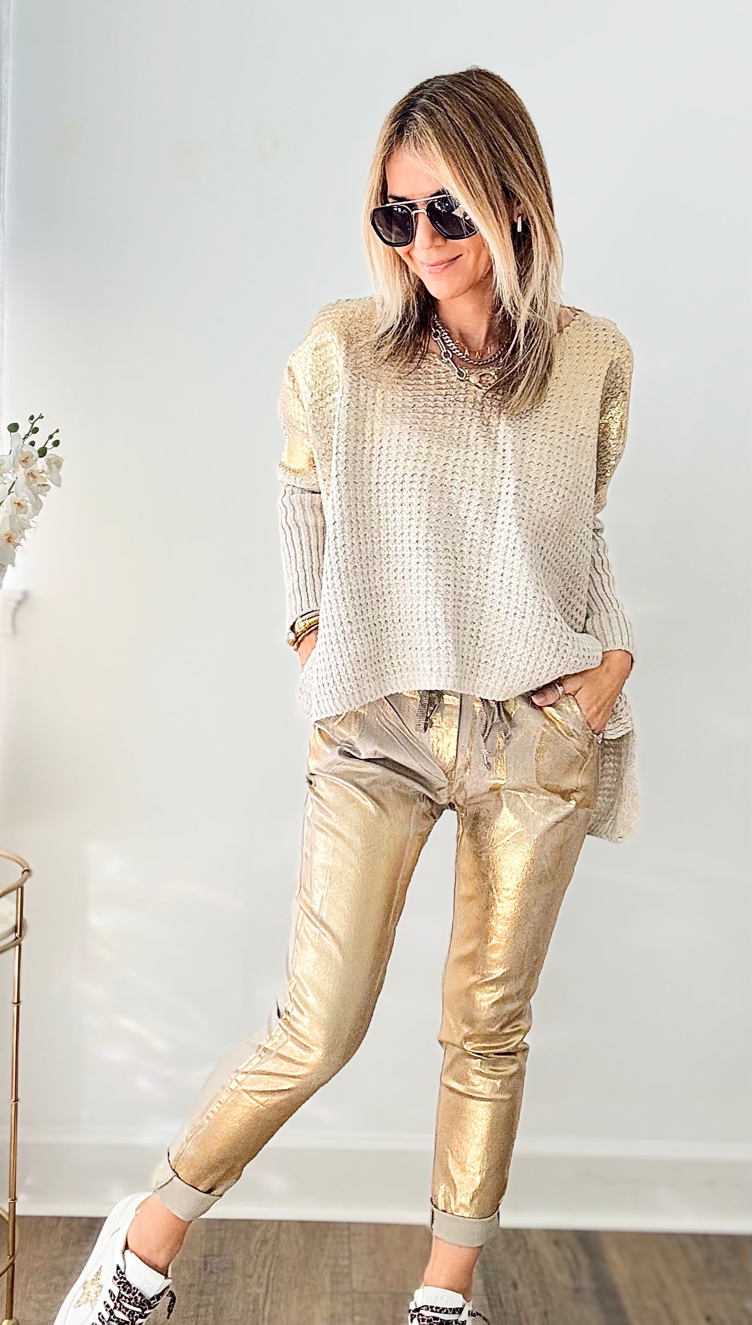 Glistening Italian Joggers - Taupe / Gold-180 Joggers-Germany-Coastal Bloom Boutique, find the trendiest versions of the popular styles and looks Located in Indialantic, FL