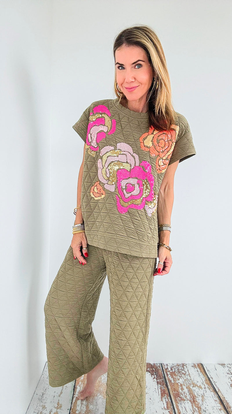 Sequins Quilted Short Sleeve Set - Olive-210 Loungewear/Sets-See and Be Seen-Coastal Bloom Boutique, find the trendiest versions of the popular styles and looks Located in Indialantic, FL