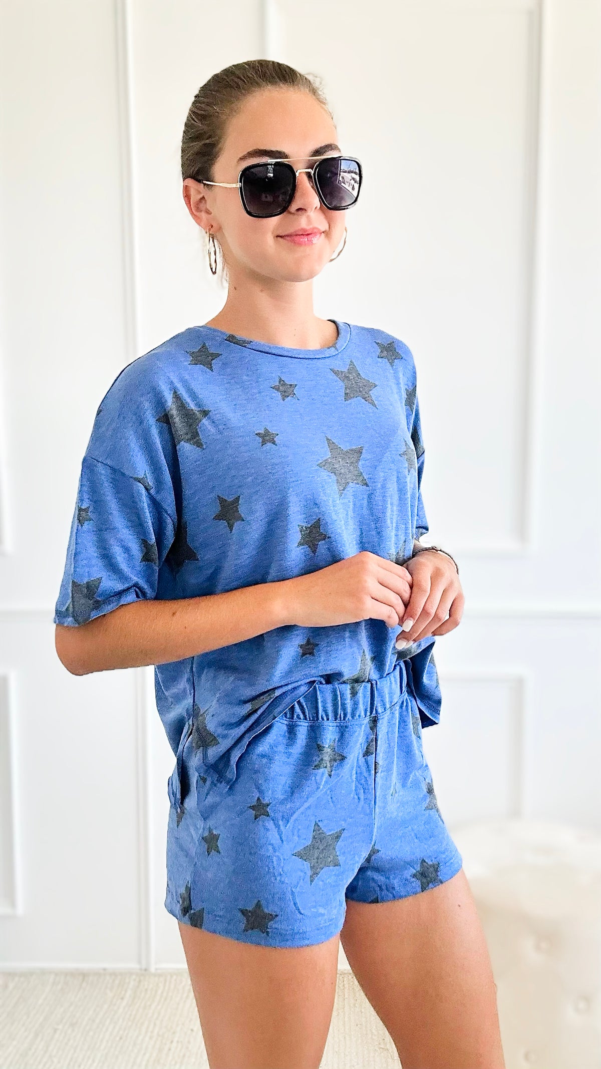 Star-Print Lounge Wear Set - Blue-210 Loungewear/Sets-Phil Love-Coastal Bloom Boutique, find the trendiest versions of the popular styles and looks Located in Indialantic, FL