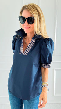 Checked Charm Puff Sleeve Top-110 Short Sleeve Tops-entro-Coastal Bloom Boutique, find the trendiest versions of the popular styles and looks Located in Indialantic, FL