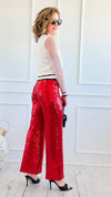 Boujie Holiday Sequin Flare Pants - Red-100 Pants-SO ME-Coastal Bloom Boutique, find the trendiest versions of the popular styles and looks Located in Indialantic, FL
