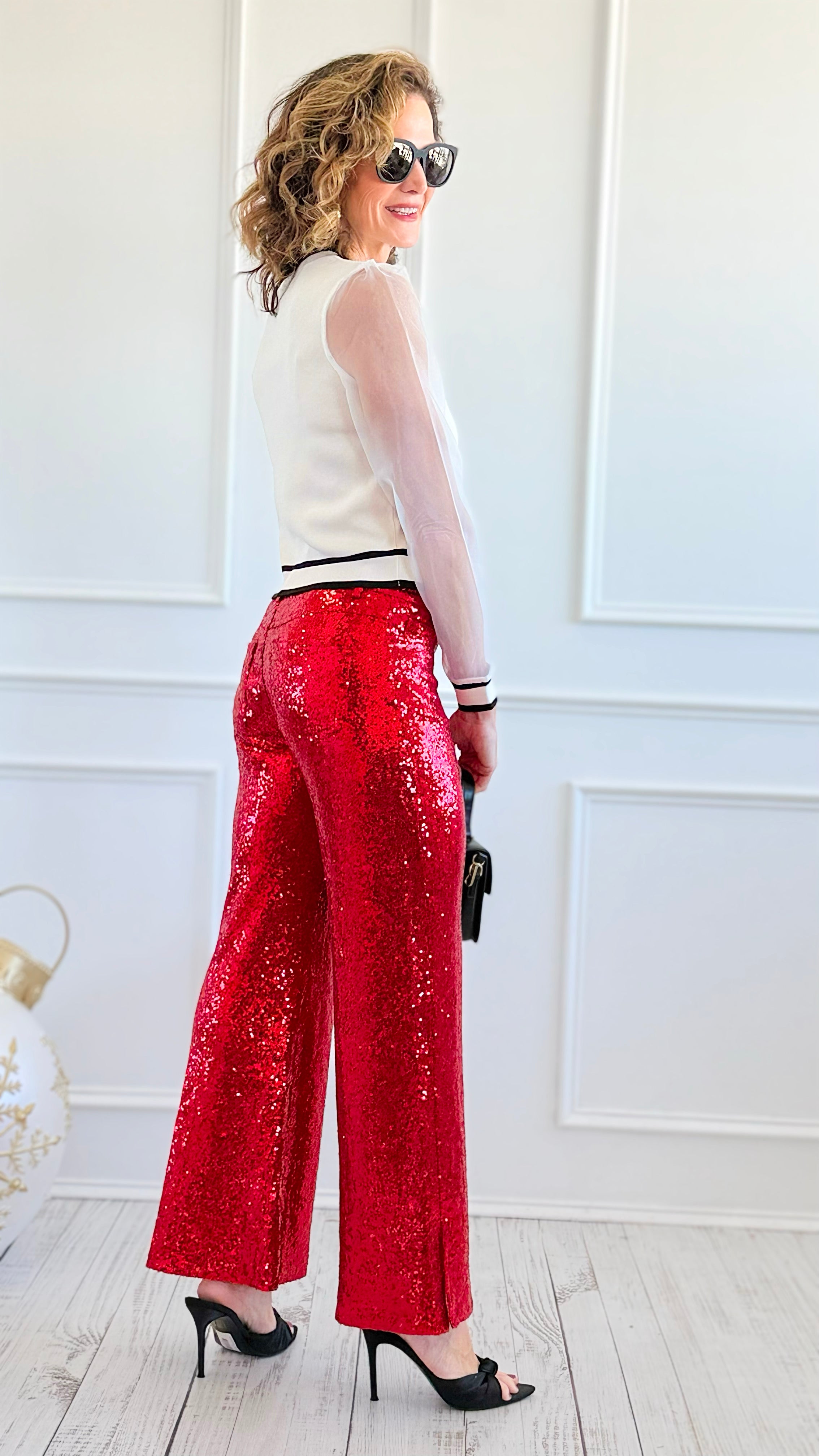 Boujie Holiday Sequin Flare Pants - Red-100 Pants-SO ME-Coastal Bloom Boutique, find the trendiest versions of the popular styles and looks Located in Indialantic, FL