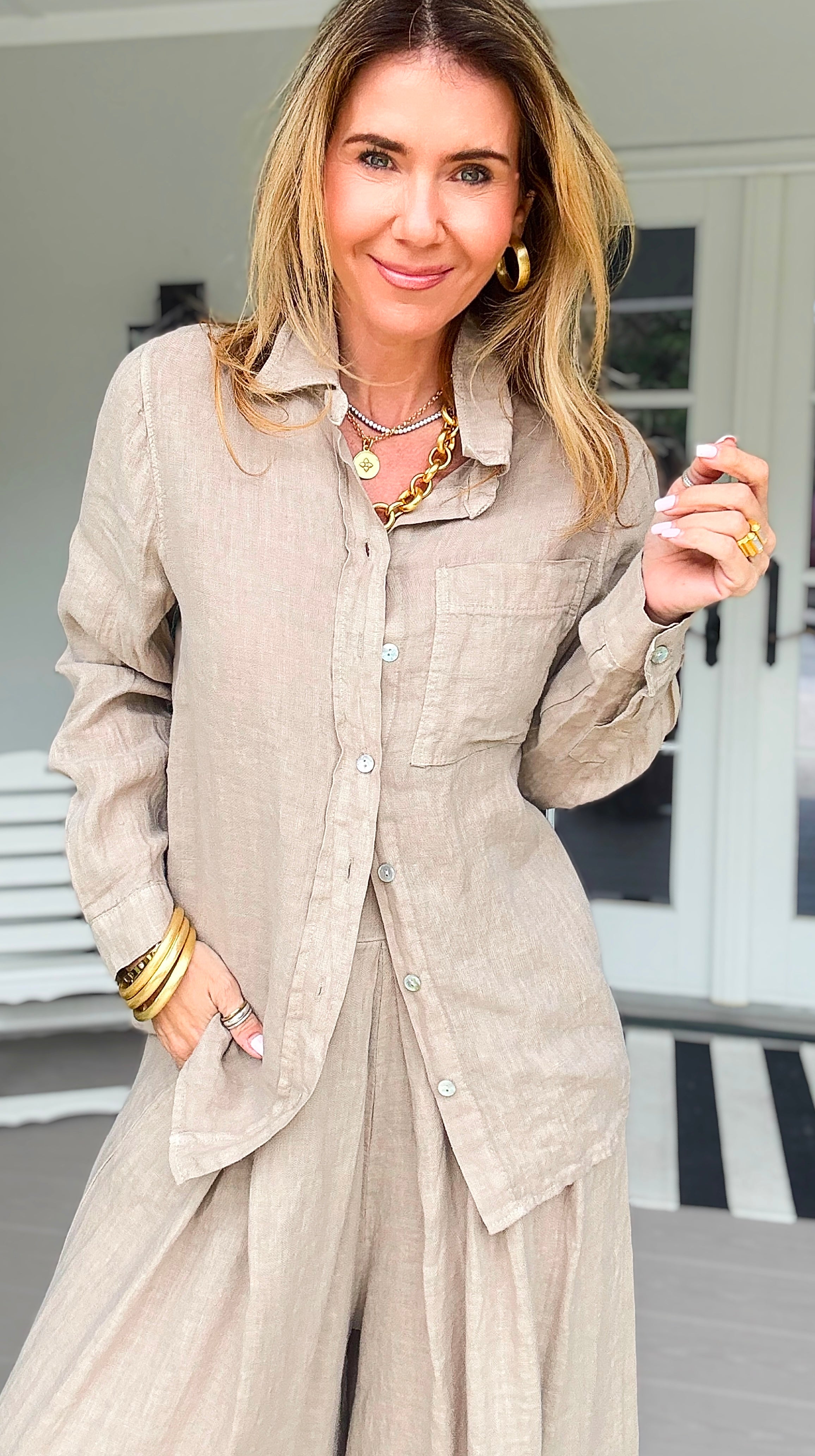 Tuscany Linen Italian Button Top- Taupe